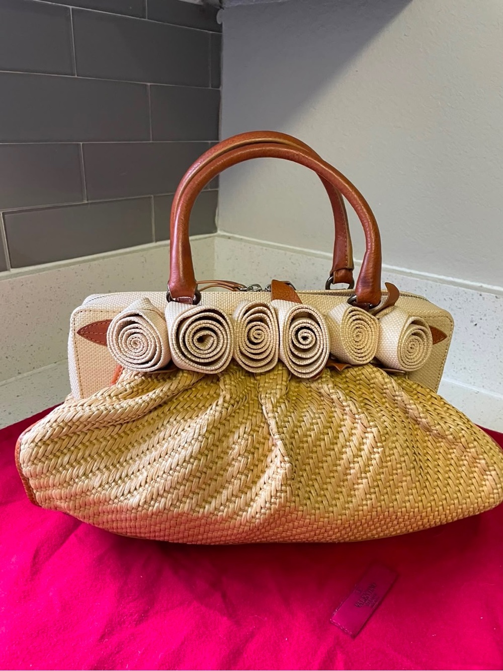 Valentino Garavani Neutral Straw and Tan Leather Satchel - Picture 2 of 7